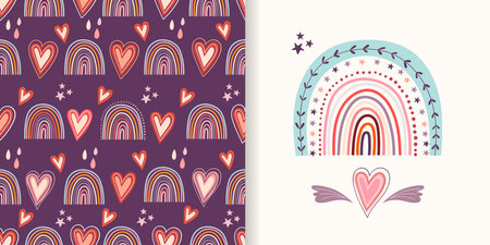Valentine's Day set with rainbows and hearts; includes seamless pattern and greeting cardのイラスト素材