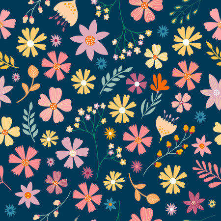 Seamless pattern with different flowers and plantsのイラスト素材