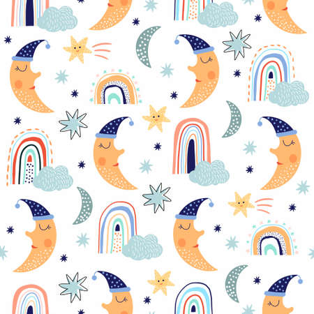 Childish cute seamless pattern with funny moon and rainbowsのイラスト素材