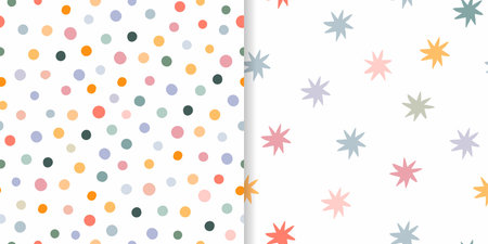 Childish seamless patterns set with dots and stars, different decorative design, pastel colorsのイラスト素材