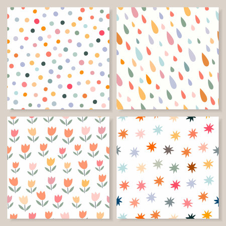 Childish seamless patterns collection with four different  cute backgrounds, pastel colorsのイラスト素材