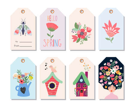 Spring time hang tags, labels collection with seasonal elementsのイラスト素材