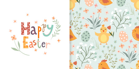 Easter set with seamless pattern and greeting card, seasonal designのイラスト素材