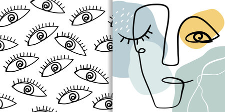 Abstract set including seamless pattern with eyes and minimalist art line poster, wall art with human face. Doodle shapes, modern designのイラスト素材