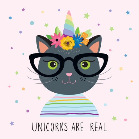 Birthday card or invitation with funny unicorn catのイラスト素材