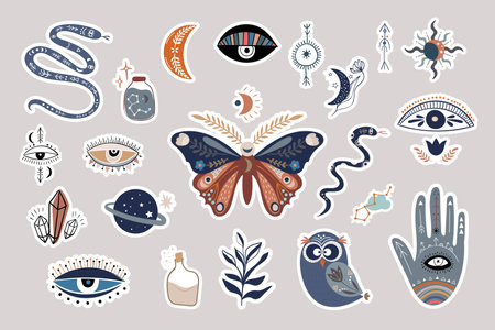 Mystical boho stickers collection, esoteric signs and symbols, modern designのイラスト素材