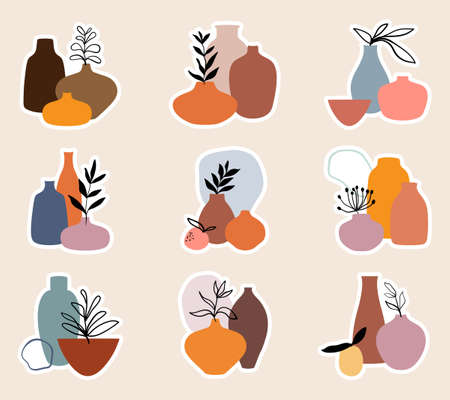 Botanical abstract stickers collection with summer leaves in vases, still life composition, line art vector illustration, modern minimalist contemporary designのイラスト素材