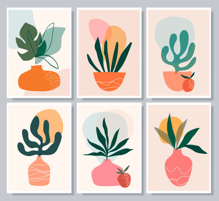 Abstract decorative wall art,  collection with summer leaves in vases, still life, line art vector illustration, modern minimalist contemporary designのイラスト素材