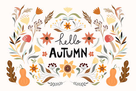 Autumn floral composition, poster, banner with seasonal elements, sunflower, mushroom, pumpkin, plants and leavesのイラスト素材
