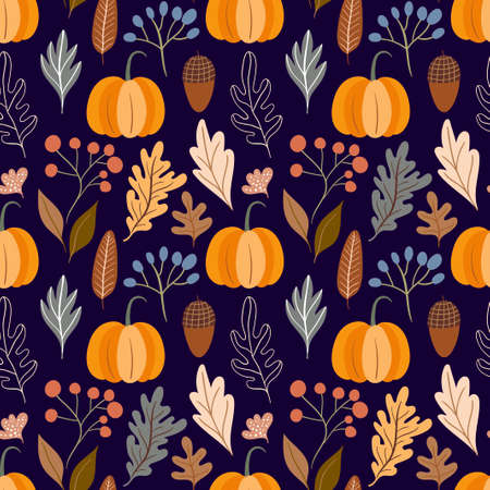Autumn decorative seamless pattern with pumpkins and seasonal elements, acorns, plants, leavesのイラスト素材