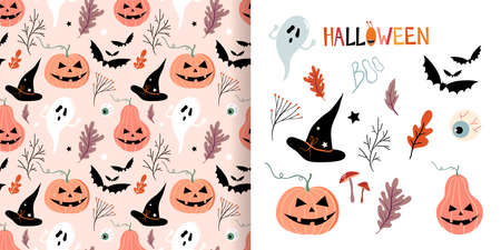 Halloween set with decorative seamless pattern and cute seasonal elements isolatedのイラスト素材