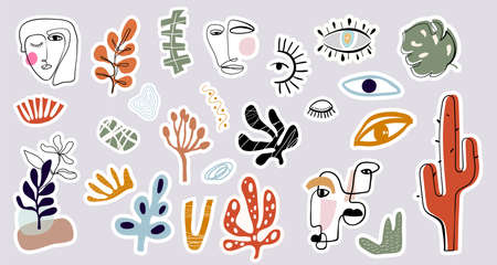 Abstract stickers collection, hand drawn doodle shapes with different elements, modern design, contemporary artwork, vectorのイラスト素材