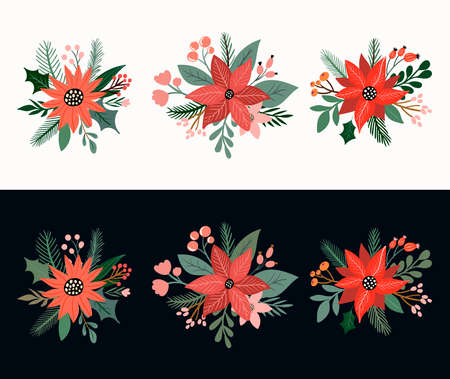 Christmas decorative floral bouquets, isolated, elements, seasonal flowers and plants arrangements, festive designのイラスト素材
