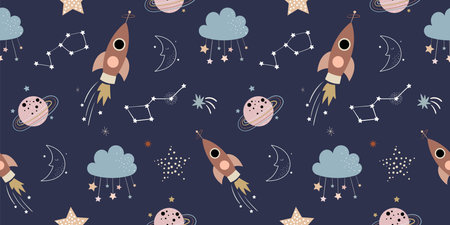 Space seamless pattern for kids, children.Wallpaper nursery room, background for gift paper, doodle...