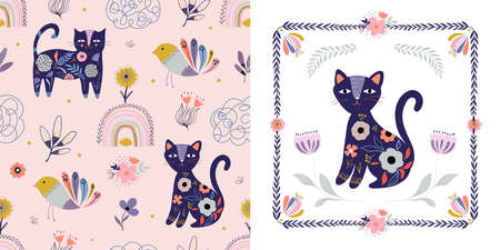 Floral seamless pattern and card design with cats, rainbows and birds, folk style, decorative wallpaperのイラスト素材