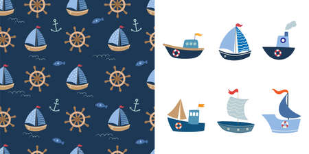 Nautical summer set with seamless pattern, wallpaper and boats set isolated on whiteのイラスト素材