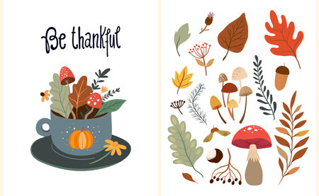 Be thankful collection Autumnal decorative set with posters, cards, seasonal botanical arrangement with different plantsのイラスト素材