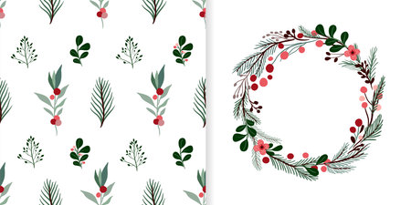 Christmas set with seamless pattern and greeting card, winter seasonal design, simple decorative wreathのイラスト素材