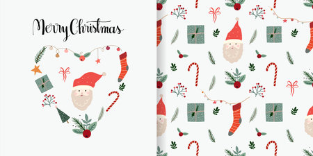 Christmas winter set with seamless pattern and greeting card, cute seasonal elements,background, wallpaper, gift paper, holidays surface design, doodle styleのイラスト素材