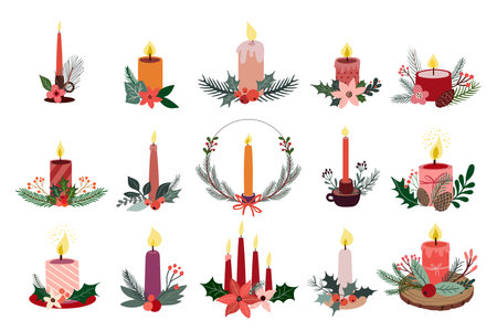 Christmas floral decoration with candles and seasonal flowers and plants, winter design. Hand drawn festive collection of elementsのイラスト素材