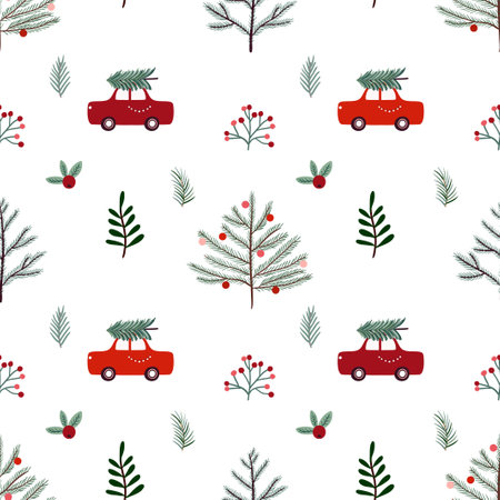Christmas seamless pattern, wallpaper with seasonal winter design, Christmas tree, simple trendy wrapping paper styleのイラスト素材