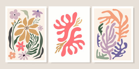 Abstract contemporary posters with floral design, aesthetic minimalist backgrounds set, modern trendy wall decorationのイラスト素材