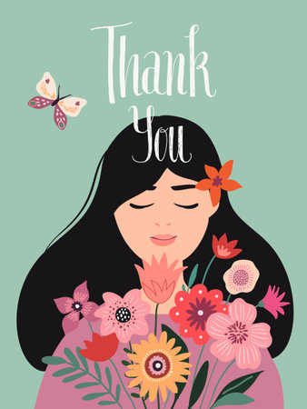 Thank You greeting card, poster flyer for different celebration event, beautiful girl with flowers and butterflyのイラスト素材