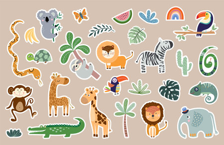 Jungle stickers collection with cute elements, animals and vegetation, vector designのイラスト素材
