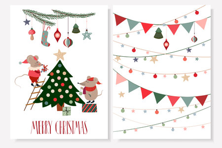 Merry Christmas greeting card with mouse decorating Christmas tree, festive design, vectorのイラスト素材