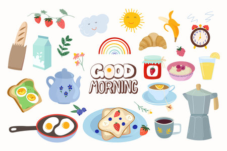 Good morning collection with different elements, food and drinks, tea, coffee, delicious freshness breakfastのイラスト素材