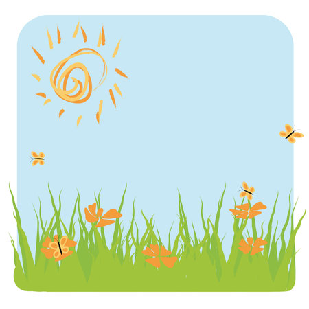 vector illustration of summer landscape with grass, sun, butterflyのイラスト素材