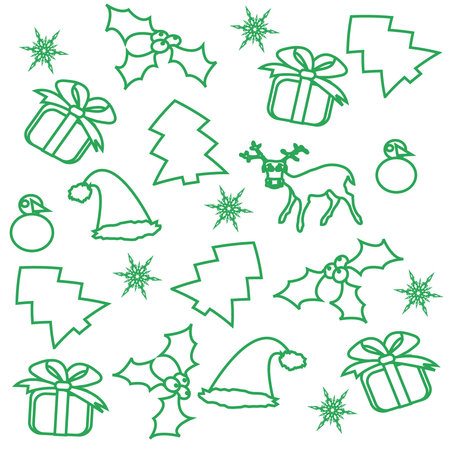 Seamless christmas pattern with snowflake, christmas tree, holly, deer, snowman, gift box, santa claus hatのイラスト素材