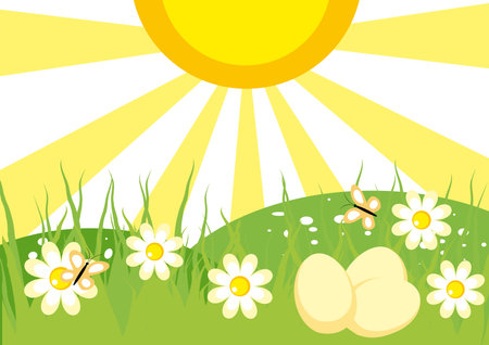 Spring landscape with flowers and eggs for Easterのイラスト素材
