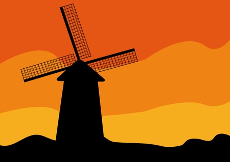  Windmill silhouette at sunsetのイラスト素材