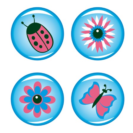 Four buttons for your design (flowers, ladybird, butterfly). Vector illustration.のイラスト素材
