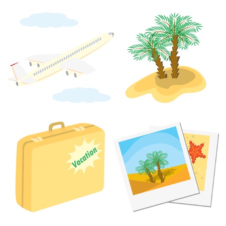 Set of color vacation icons (aircraft, palm trees, suitcase, photos). Vector illustrations.のイラスト素材