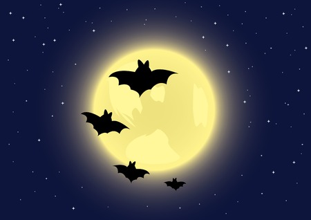 Black bats on full moon background. Vector illustration.のイラスト素材