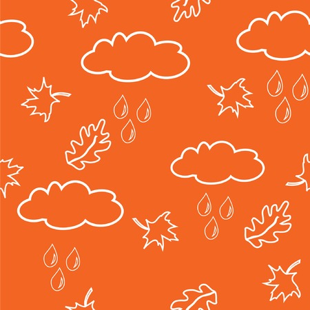 Seamless pattern with clouds and leaves on orange background. Vector illustration.のイラスト素材