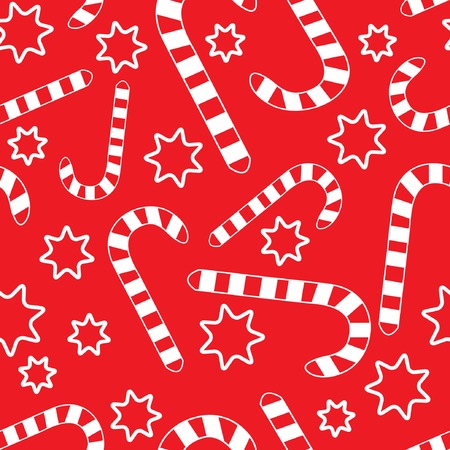 Seamless pattern with candycanes and stars on red background. Vector illustration.のイラスト素材
