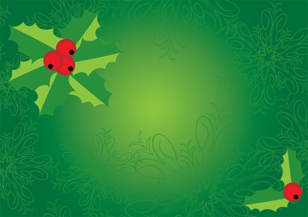 Green Christmas and New Year's background with holly, snowflakes and space for text. Vector illustration for your design.のイラスト素材