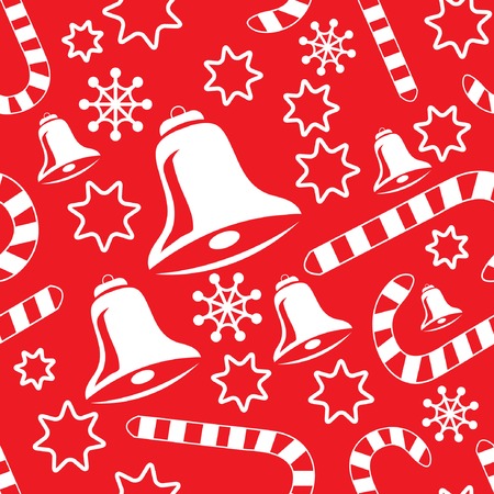 Seamless pattern with christmas bells, candy canes, snowflakes and stars. Vector illustration for your design.のイラスト素材