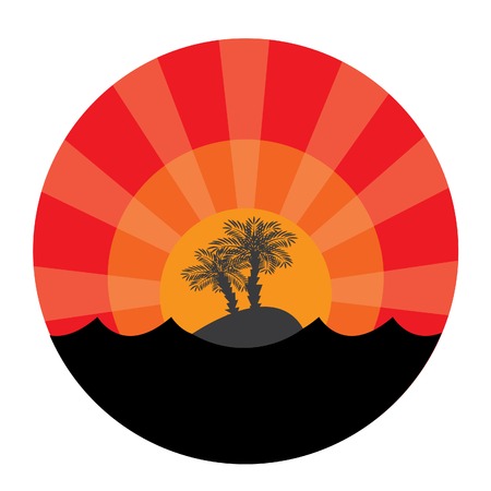 Island with two palm-trees at sunset background. Vector illustrationのイラスト素材