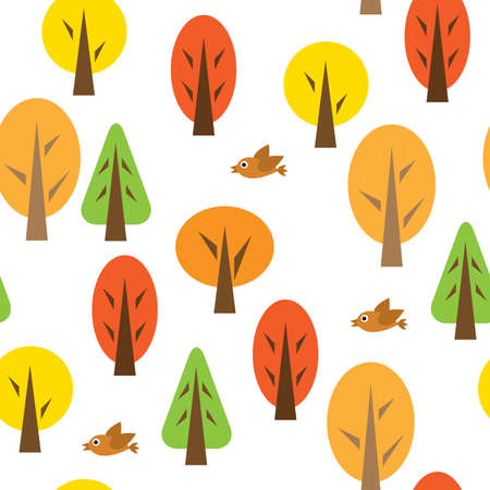 Seamless pattern with autumnal forest and birds. illustrationのイラスト素材
