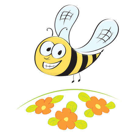 Cute little cartoon bee flying over flower meadowのイラスト素材