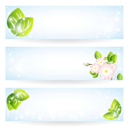Set of banners with green leaves and flowersのイラスト素材