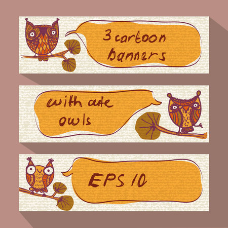 Three cartoon banners with doodle owlsのイラスト素材