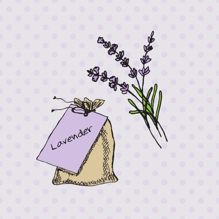 Health and Nature Collection. Herbs and a bag on spotted seamless background. Lavender -  Lavandula angustifoliaのイラスト素材