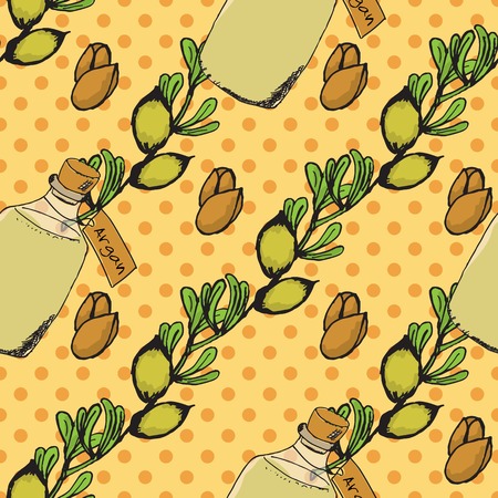 Health and Nature Collection. Herbs and bottles with oil on spotted seamless background. Argan tree - Argania spinosaのイラスト素材