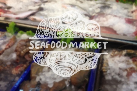Detailed hand drawn zentangle element on blurred backgroound. Consept for seafood markets and restaurants. Suitable for ad, signboard, menu and corporate identity designのイラスト素材