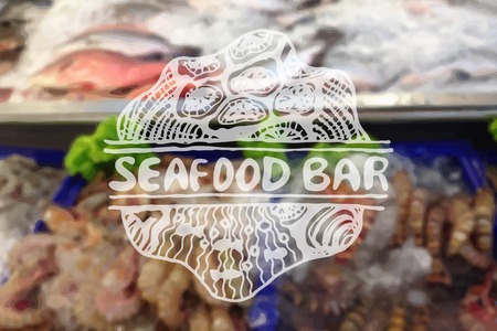Detailed hand drawn zentangle element on blurred backgroound. Consept for seafood markets and restaurants. Suitable for ad, signboard, menu and corporate identity designのイラスト素材